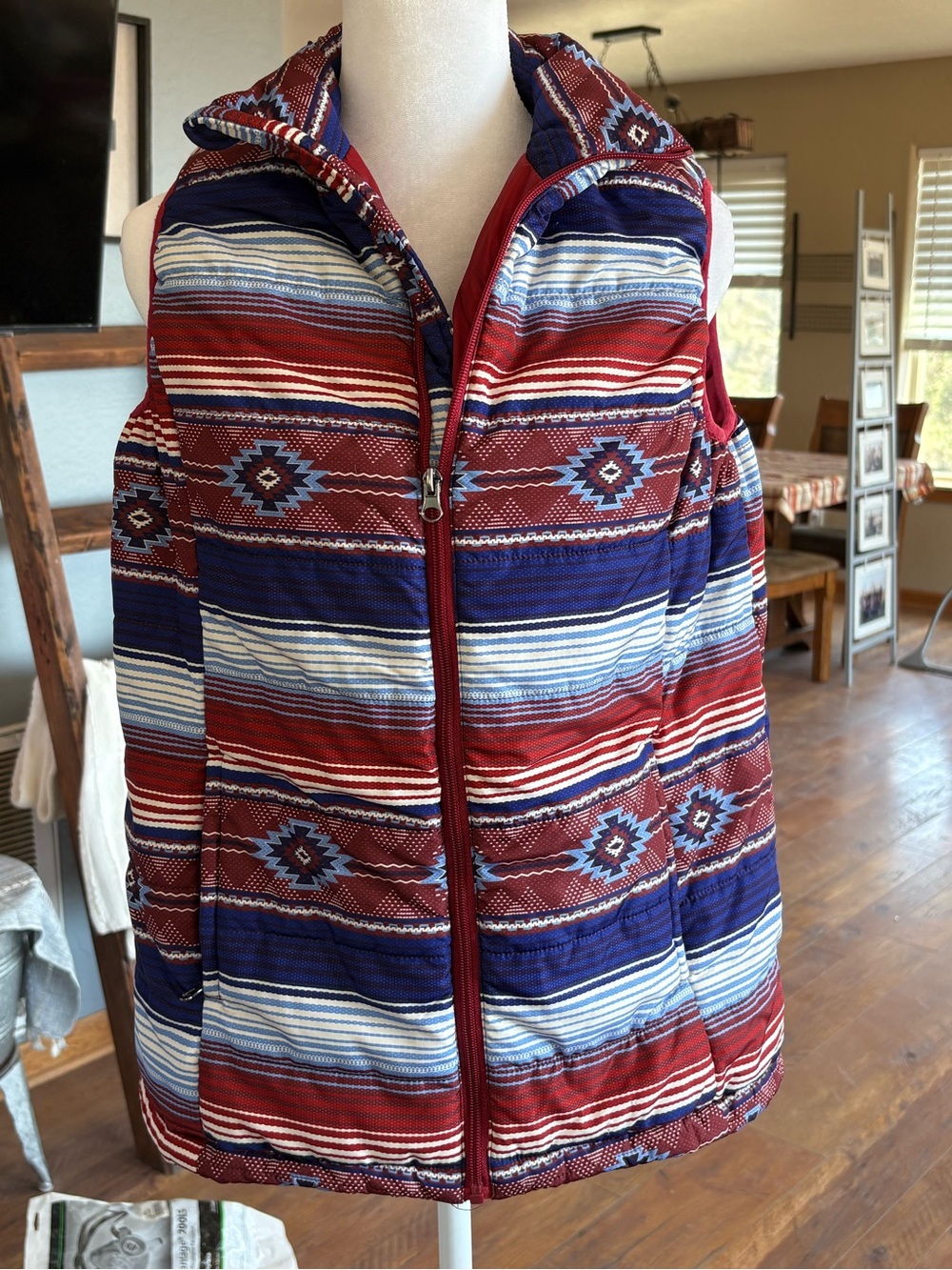 Cheeky’s southwestern Aztec Quilted Puffer Vest in Red & Blue